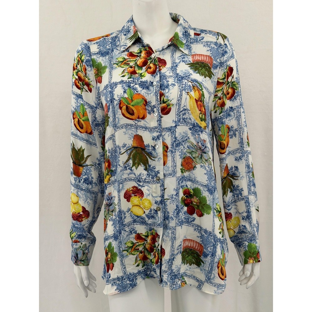 Rose + Olive Top Womens Large White Blue Fruit Button Up Sheer Boho Tropical